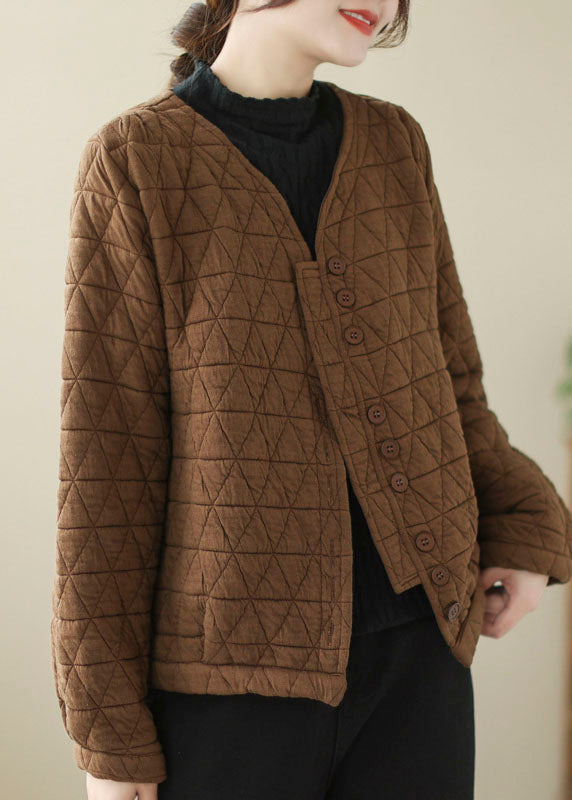 Chocolate Fine Cotton Filled Winter Coats V Neck Button Winter - Down Jackets - DYAVOR®