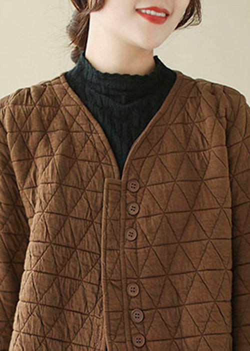 Chocolate Fine Cotton Filled Winter Coats V Neck Button Winter - Down Jackets - DYAVOR®