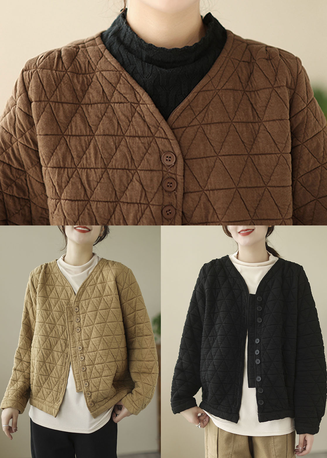 Chocolate Fine Cotton Filled Winter Coats V Neck Button Winter - Down Jackets - DYAVOR®