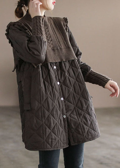 Chocolate Patchwork Fine Cotton Filled Coats Stand Collar Ruffled Winter - Down Jackets - DYAVOR®