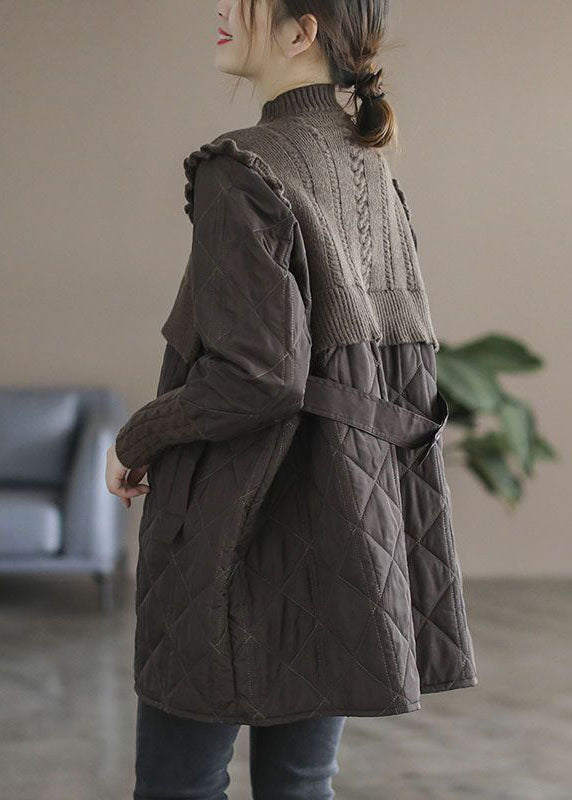 Chocolate Patchwork Fine Cotton Filled Coats Stand Collar Ruffled Winter - Down Jackets - DYAVOR®