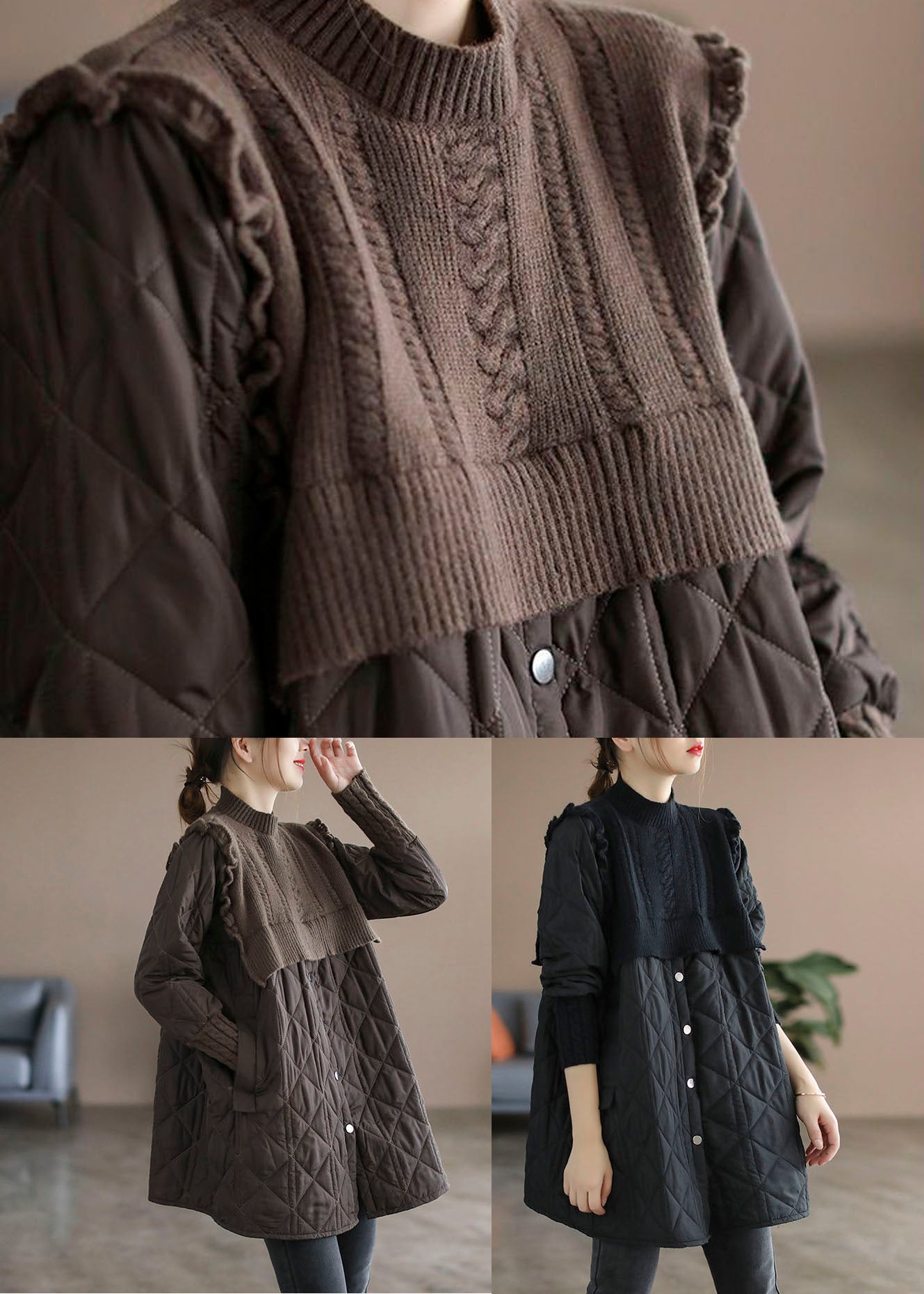Chocolate Patchwork Fine Cotton Filled Coats Stand Collar Ruffled Winter - Down Jackets - DYAVOR®