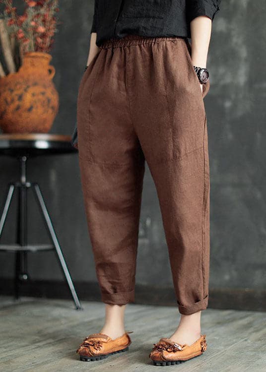 Coffee Patchwork Linen Crop Pants Elastic Waist Solid Color Summer - Crop Pants - DYAVOR®