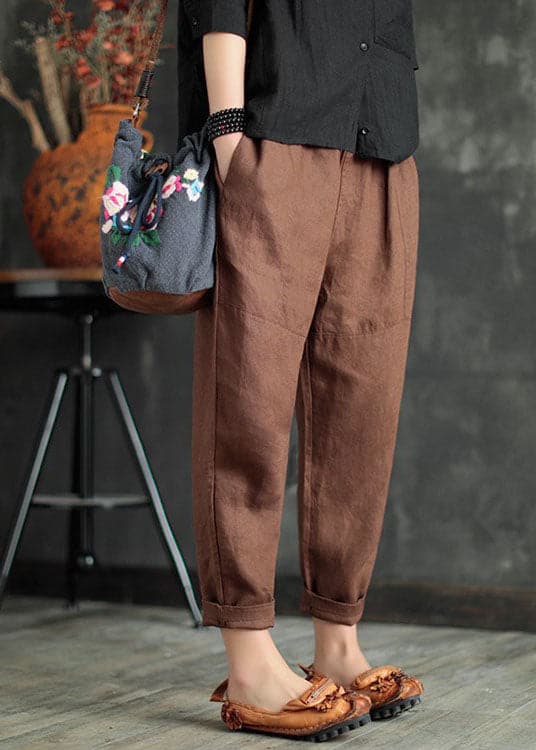 Coffee Patchwork Linen Crop Pants Elastic Waist Solid Color Summer - Crop Pants - DYAVOR®