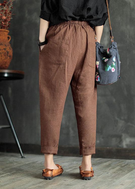 Coffee Patchwork Linen Crop Pants Elastic Waist Solid Color Summer - Crop Pants - DYAVOR®