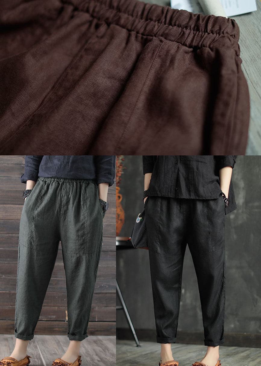 Coffee Patchwork Linen Crop Pants Elastic Waist Solid Color Summer - Crop Pants - DYAVOR®