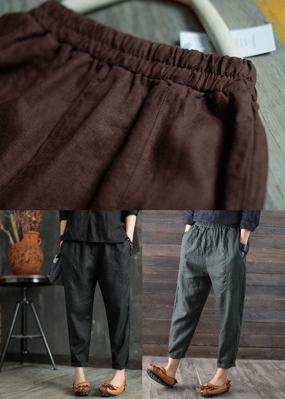 Coffee Solid Pockets Linen Harem Pants Elastic waist Summer - Crop Pants - DYAVOR®