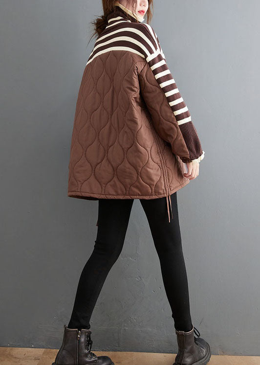 Chocolate Striped Knit Patchwork Fine Cotton Filled drawstring Winter sweaters Coat - Down Jackets - DYAVOR®