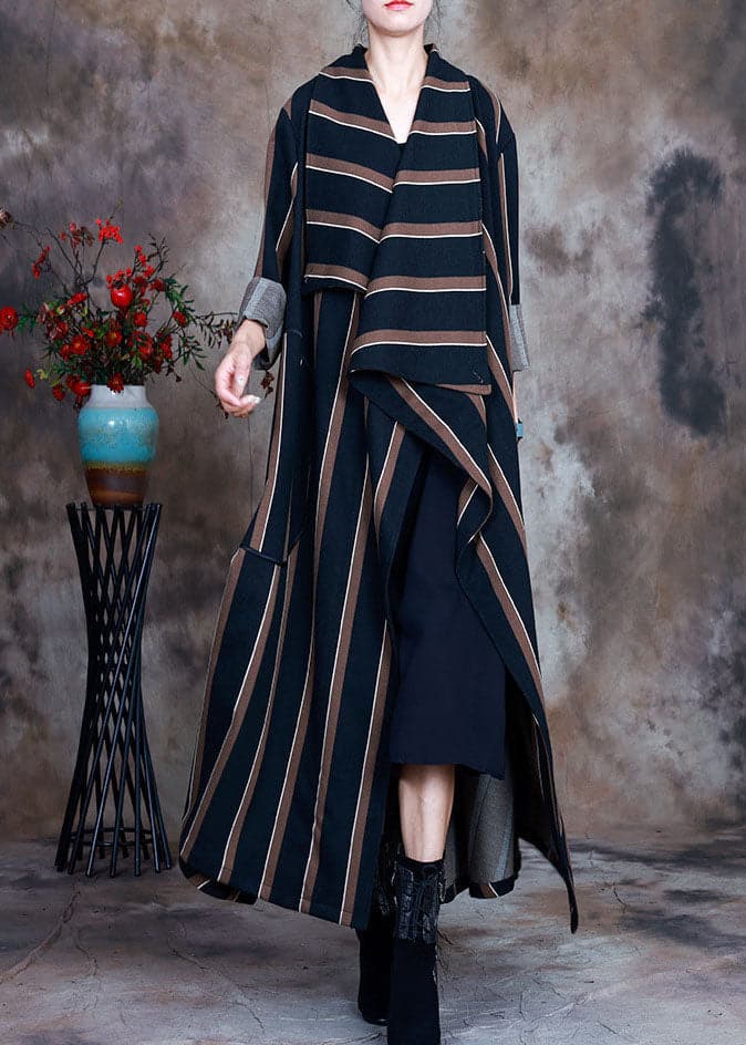 Coffee Striped Woolen trench coats pockets Spring - Trench coats - DYAVOR®