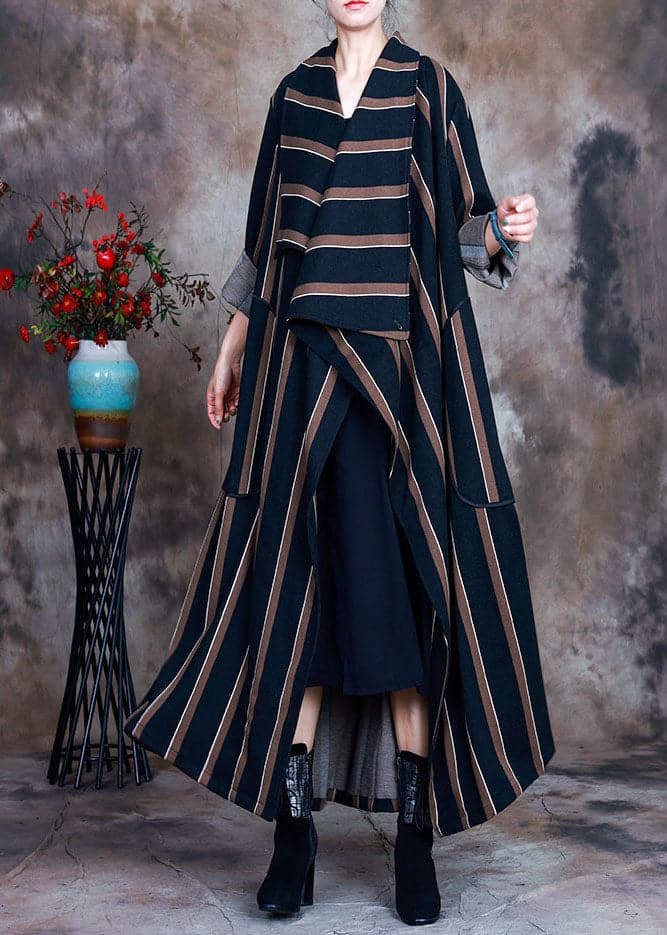 Coffee Striped Woolen trench coats pockets Spring - Trench coats - DYAVOR®