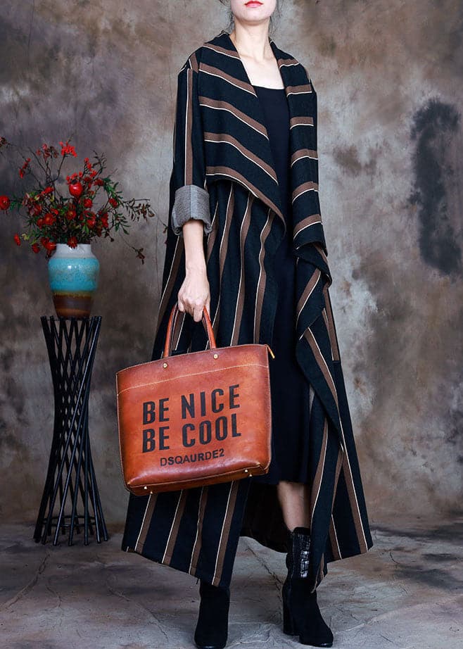 Coffee Striped Woolen trench coats pockets Spring - Trench coats - DYAVOR®