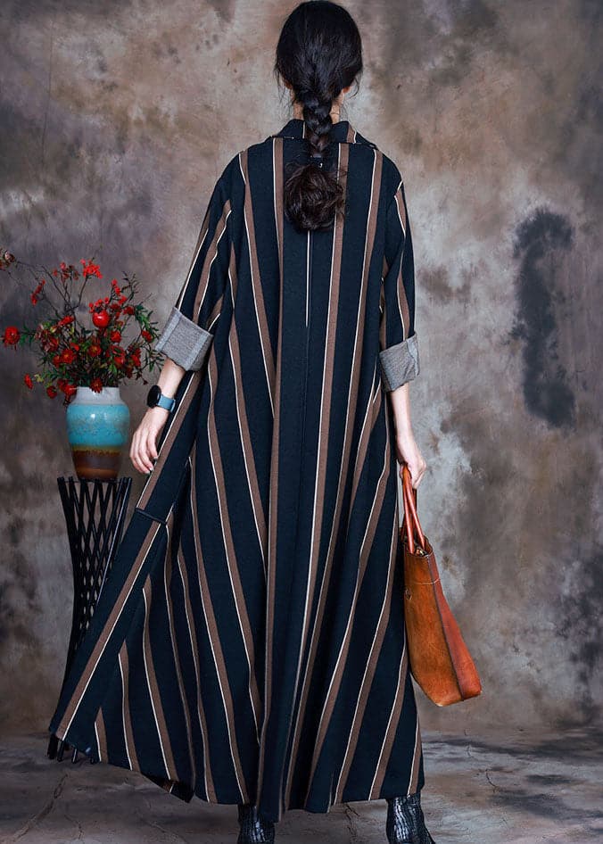 Coffee Striped Woolen trench coats pockets Spring - Trench coats - DYAVOR®