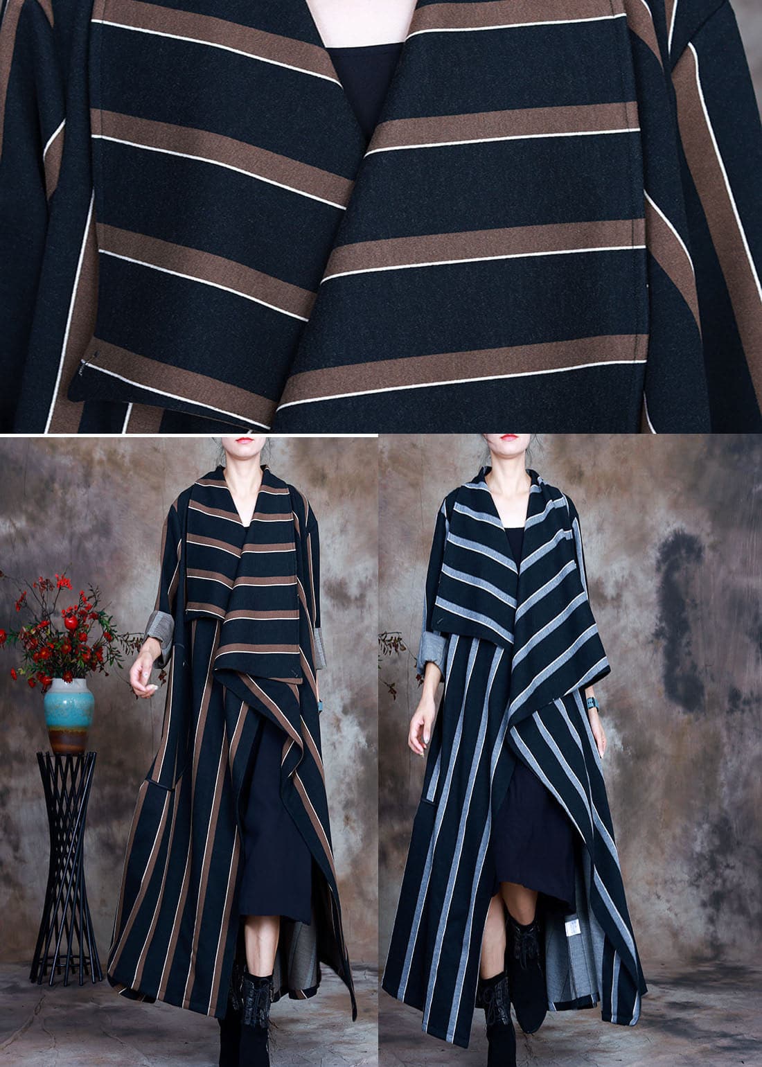 Coffee Striped Woolen trench coats pockets Spring - Trench coats - DYAVOR®