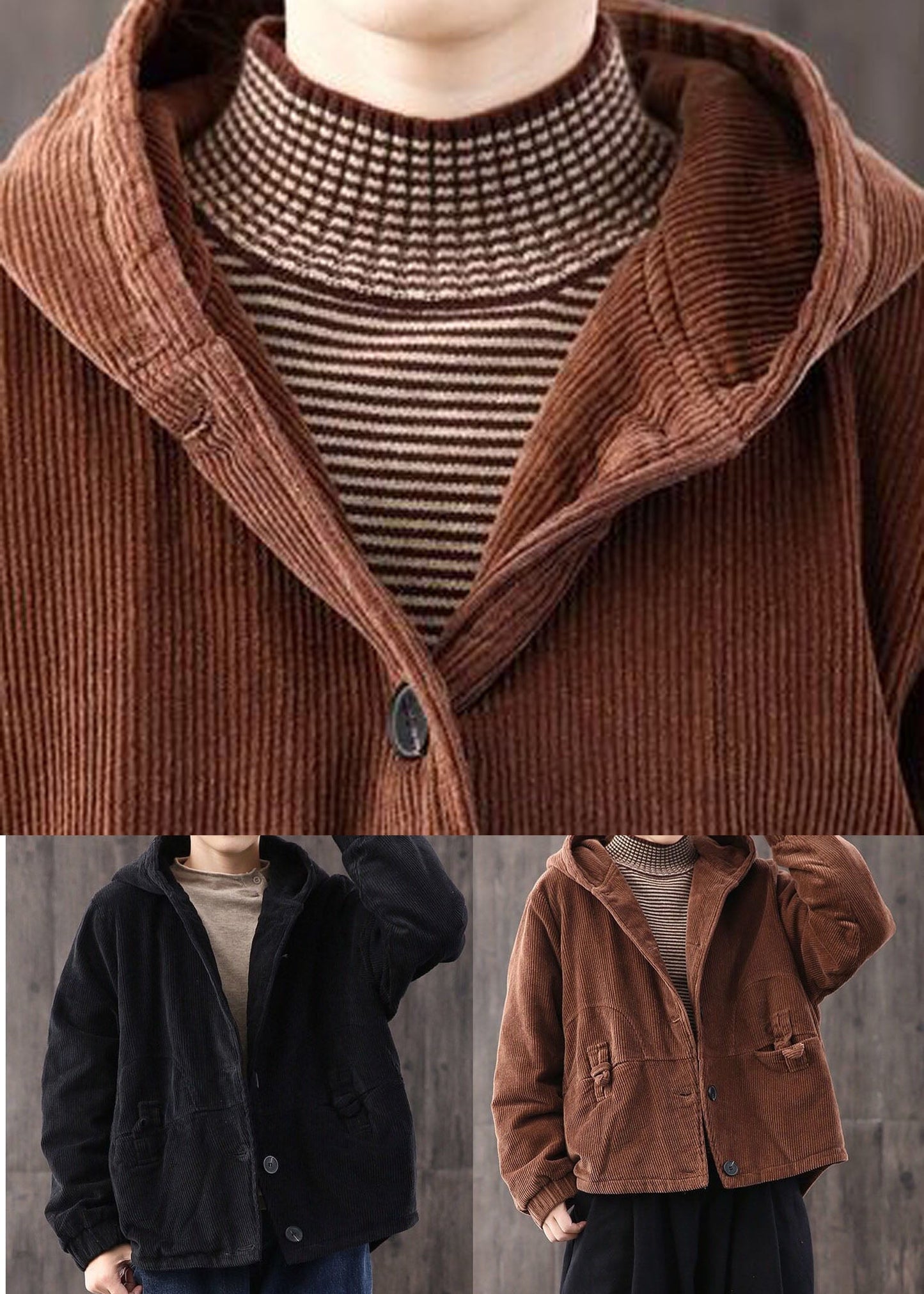 Chocolate Thick Fine Cotton Filled Corduroy Hooded Coat Winter - Down Jackets - DYAVOR®