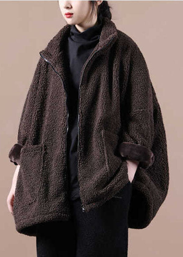 Chocolate Warm Teddy Faux Fur Loose Coats Zip Up Solid Batwing Sleeve - Down Jackets - DYAVOR®