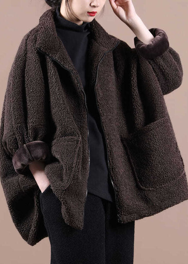 Chocolate Warm Teddy Faux Fur Loose Coats Zip Up Solid Batwing Sleeve - Down Jackets - DYAVOR®