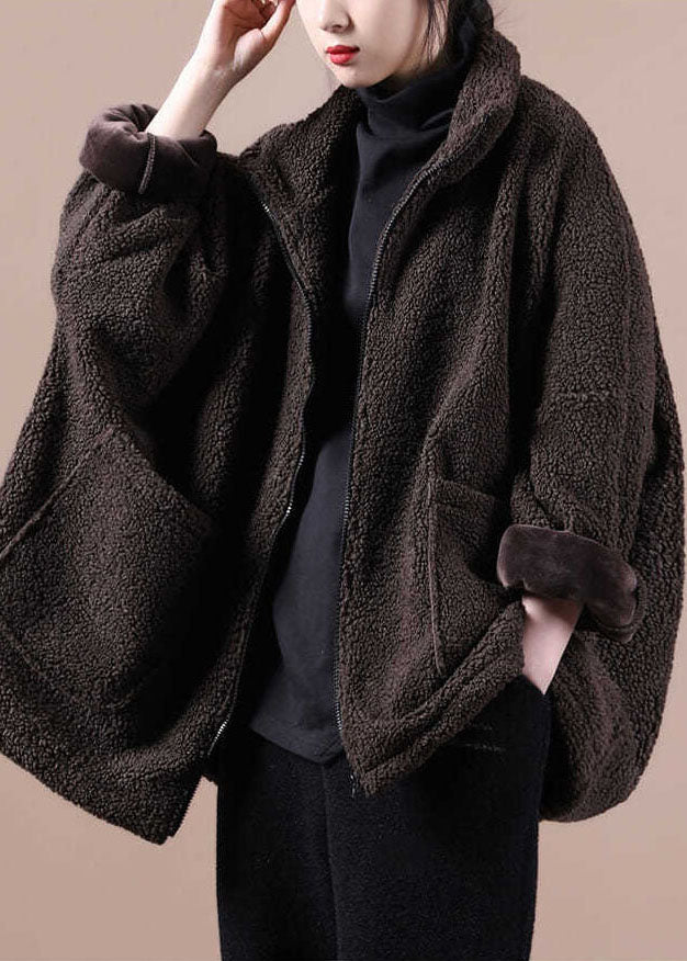 Chocolate Warm Teddy Faux Fur Loose Coats Zip Up Solid Batwing Sleeve - Down Jackets - DYAVOR®
