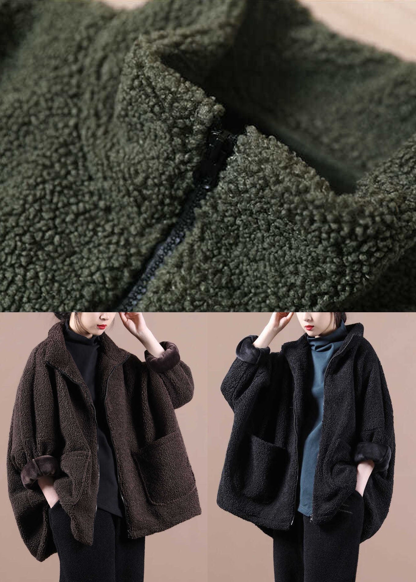 Chocolate Warm Teddy Faux Fur Loose Coats Zip Up Solid Batwing Sleeve - Down Jackets - DYAVOR®