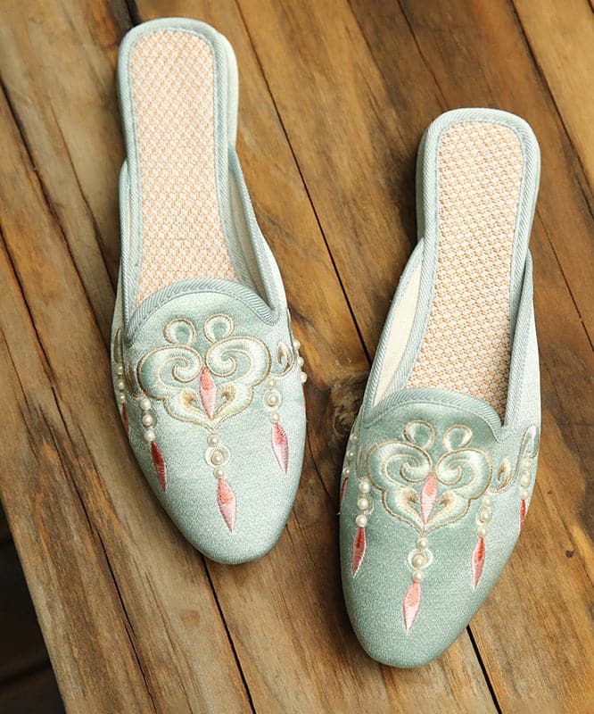 Comfy Light Green Embroideried Pearl Cotton Fabric Slide Sandals - Slide Sandals - DYAVOR®