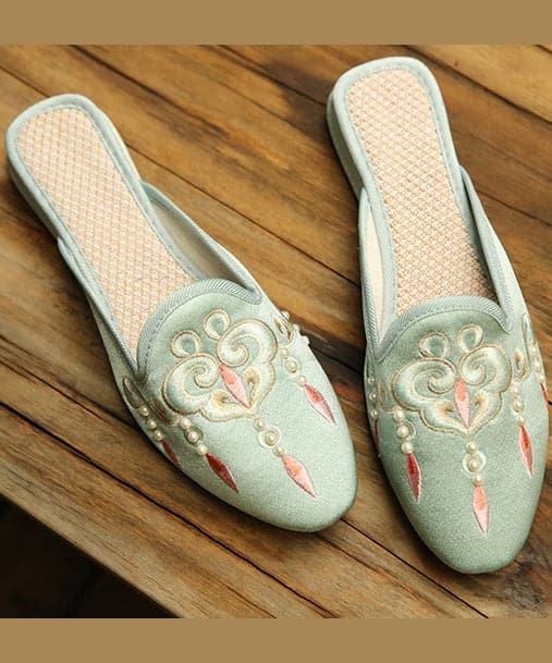 Comfy Light Green Embroideried Pearl Cotton Fabric Slide Sandals - Slide Sandals - DYAVOR®