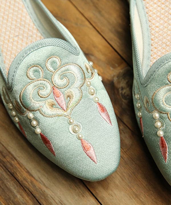Comfy Light Green Embroideried Pearl Cotton Fabric Slide Sandals - Slide Sandals - DYAVOR®