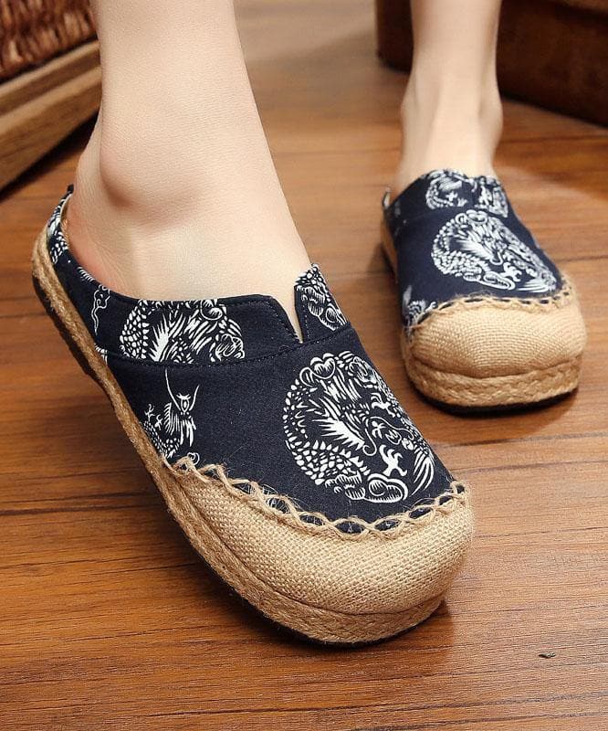 Comfy Navy Print Linen Fabric Slippers Shoes - Slide Sandals - DYAVOR®