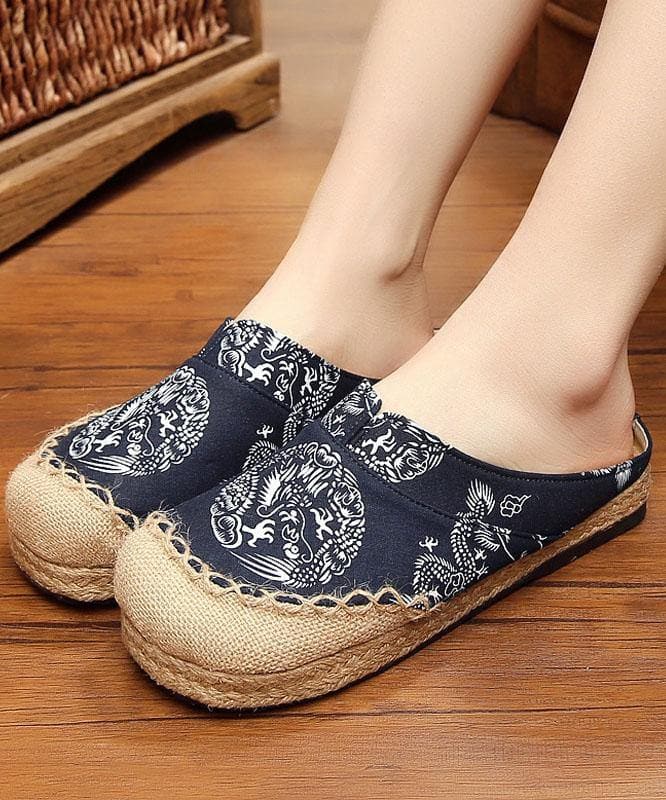 Comfy Navy Print Linen Fabric Slippers Shoes - Slide Sandals - DYAVOR®