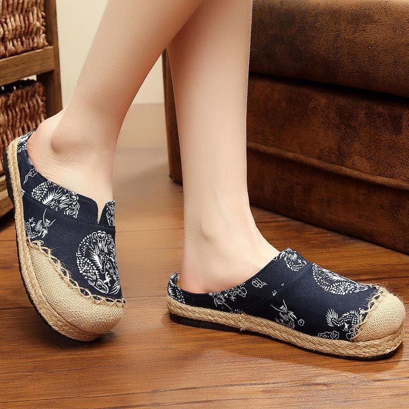 Comfy Navy Print Linen Fabric Slippers Shoes - Slide Sandals - DYAVOR®