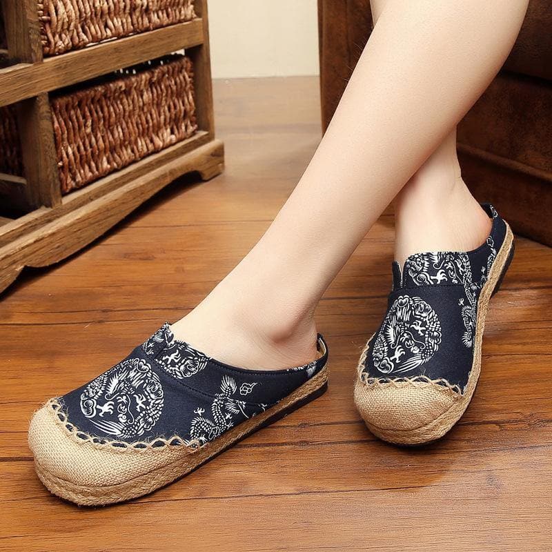 Comfy Navy Print Linen Fabric Slippers Shoes - Slide Sandals - DYAVOR®
