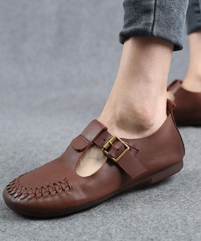 Cowhide Beige Leather Flat Shoes For Women Buckle Strap Hollow Out Flat Shoes - Flats Shoes - DYAVOR®