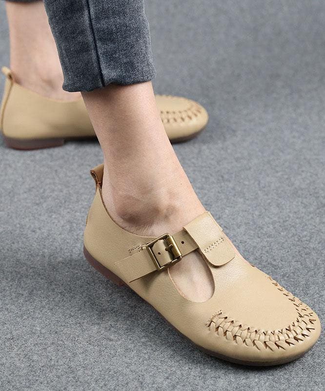Cowhide Beige Leather Flat Shoes For Women Buckle Strap Hollow Out Flat Shoes - Flats Shoes - DYAVOR®