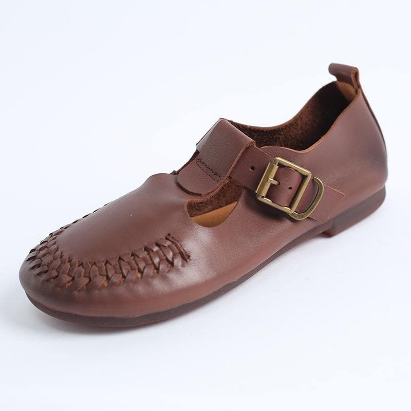 Cowhide Beige Leather Flat Shoes For Women Buckle Strap Hollow Out Flat Shoes - Flats Shoes - DYAVOR®