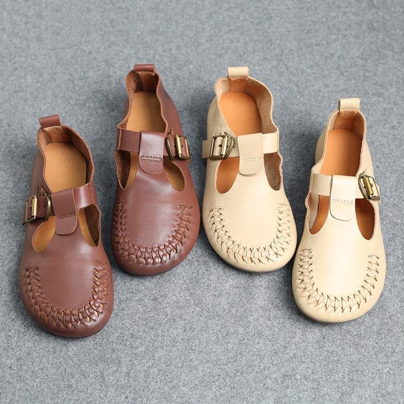 Cowhide Beige Leather Flat Shoes For Women Buckle Strap Hollow Out Flat Shoes - Flats Shoes - DYAVOR®