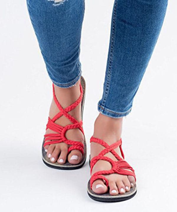 Cross Strap Black Flat Sandals Knit Fabric Hollow Out Walking Sandals - Sandals - DYAVOR®