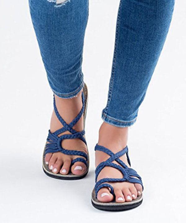 Cross Strap Black Flat Sandals Knit Fabric Hollow Out Walking Sandals - Sandals - DYAVOR®