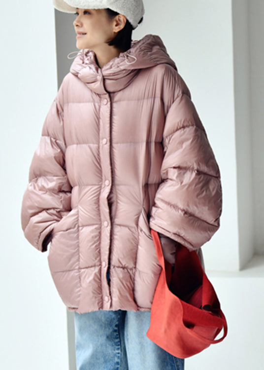 Cute Pink Drawstring Zippered Button Low High Design Hooded Duck Down Filled Down Coat Winter - Down Jackets - DYAVOR®