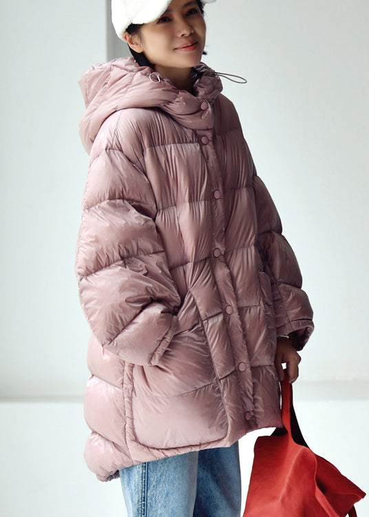 Cute Pink Drawstring Zippered Button Low High Design Hooded Duck Down Filled Down Coat Winter - Down Jackets - DYAVOR®