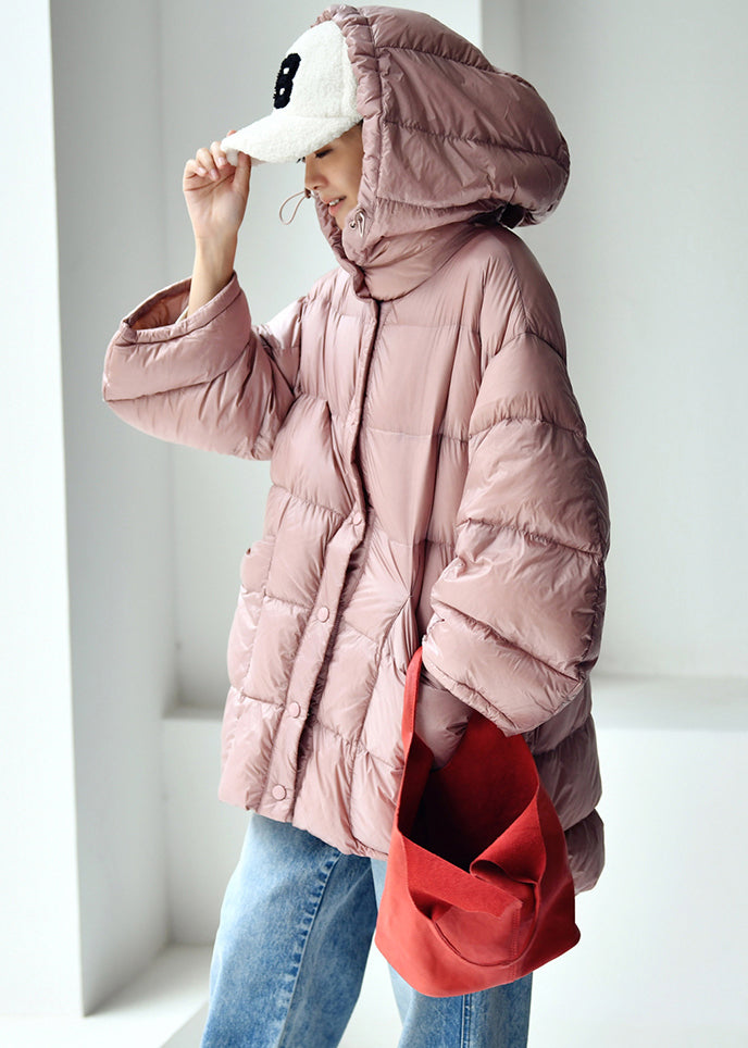 Cute Pink Drawstring Zippered Button Low High Design Hooded Duck Down Filled Down Coat Winter - Down Jackets - DYAVOR®
