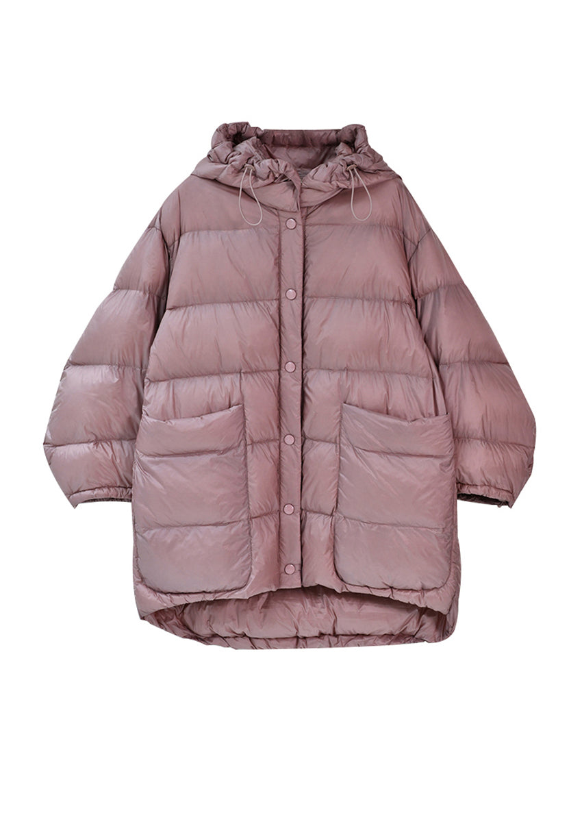 Cute Pink Drawstring Zippered Button Low High Design Hooded Duck Down Filled Down Coat Winter - Down Jackets - DYAVOR®