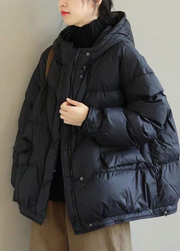 DIY Black Hooded Zip Up Drawstring Duck Down Down Coat Winter - Down Jackets - DYAVOR®