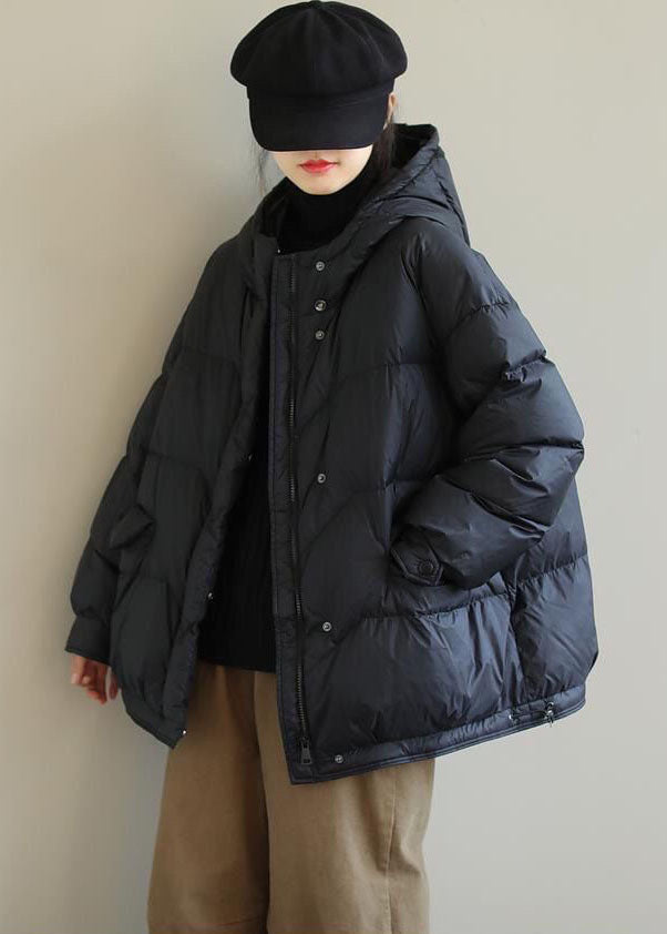 DIY Black Hooded Zip Up Drawstring Duck Down Down Coat Winter - Down Jackets - DYAVOR®