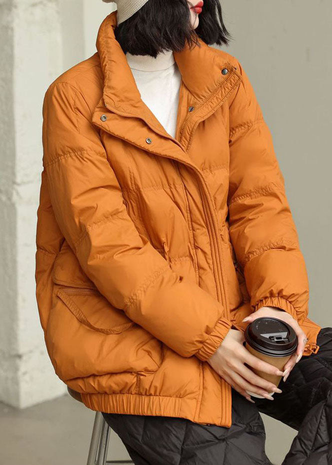 DIY Orange Stand Collar Zip Up Pockets Duck Down Jacket In Winter - Down Jackets - DYAVOR®