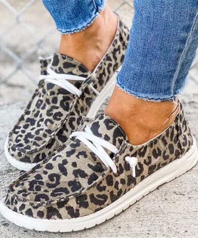 Dark Leopard Print Flat Shoes Cotton Fabric Boutique Lace Up Flat Shoes For Women - Flats Shoes - DYAVOR®