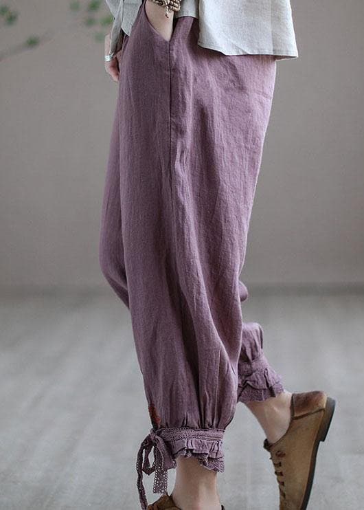 Diy Purple Casual Embroideried Summer Harem Linen Pants - Pants - DYAVOR®