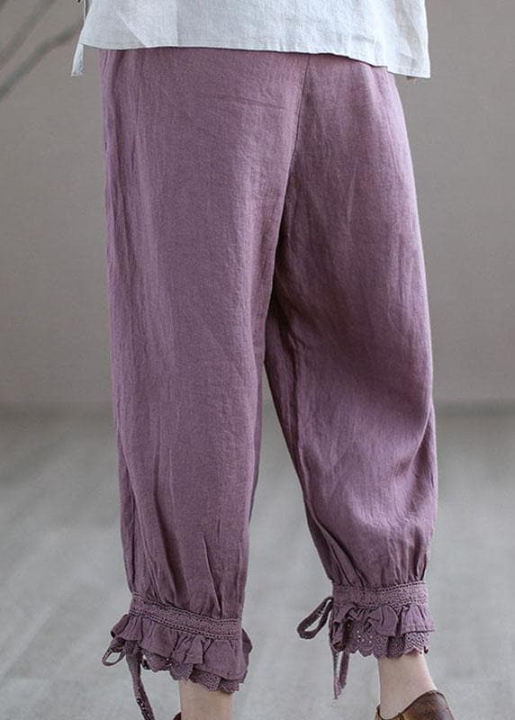 Diy Purple Casual Embroideried Summer Harem Linen Pants - Pants - DYAVOR®
