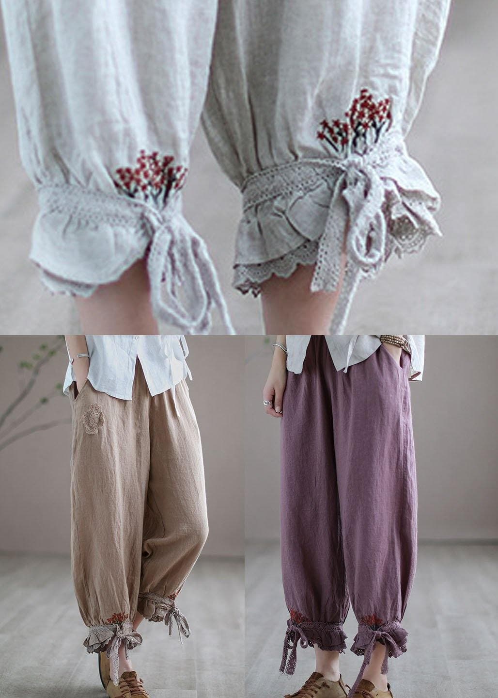 Diy Purple Casual Embroideried Summer Harem Linen Pants - Pants - DYAVOR®