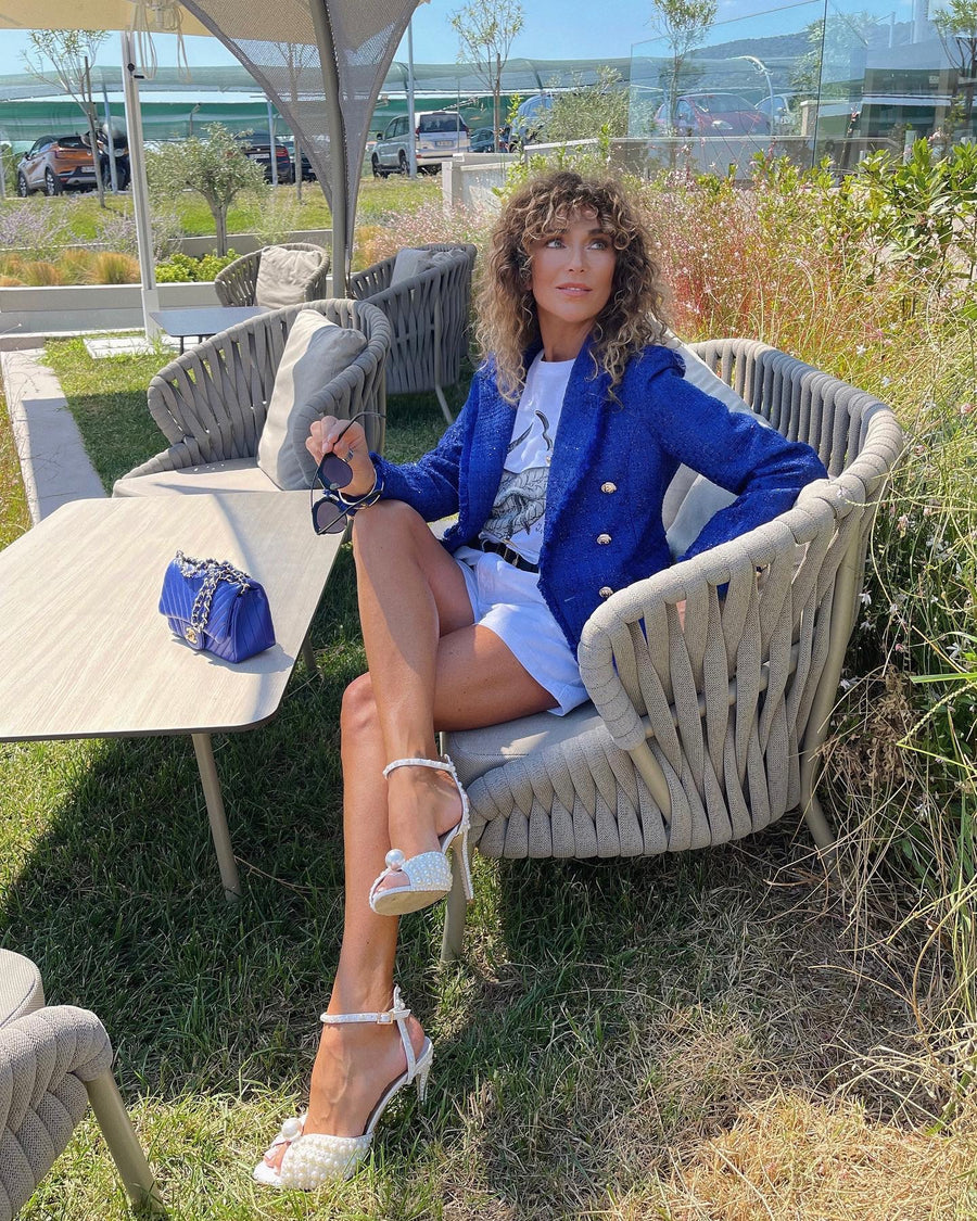 Double-breasted Tweed Blue Blazer - - DYAVOR®