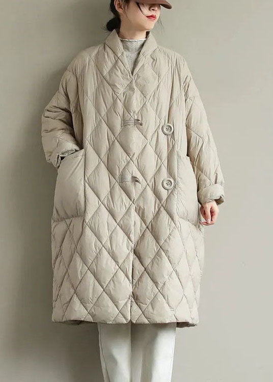 Elegant Apricot V Neck Pockets Fine Cotton Filled Puffers Jackets Winter - Down Jackets - DYAVOR®