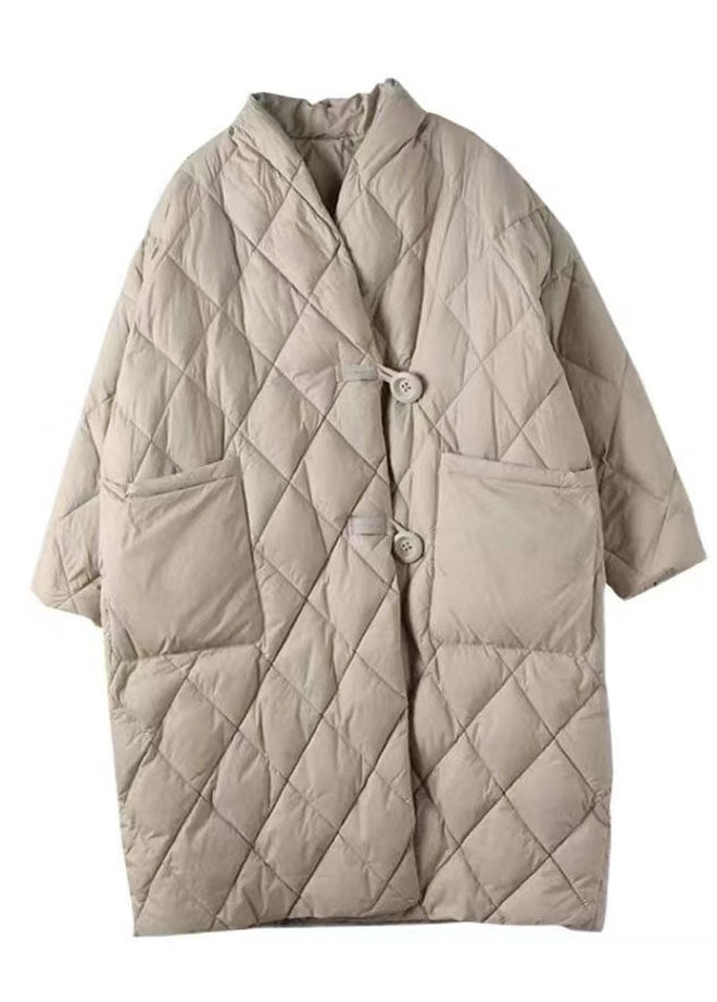 Elegant Apricot V Neck Pockets Fine Cotton Filled Puffers Jackets Winter - Down Jackets - DYAVOR®