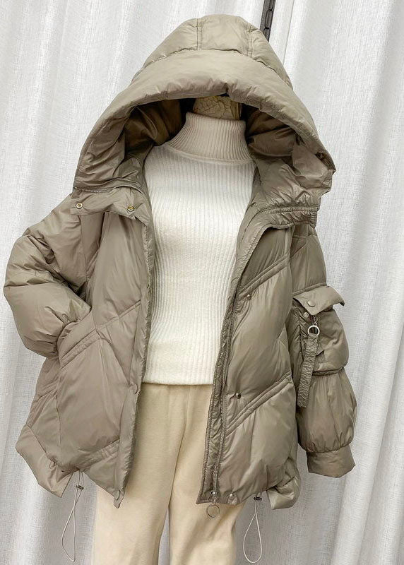 Elegant Beige Hooded drawstring Duck Down Jacket Winter - Down Jackets - DYAVOR®